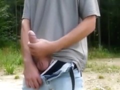 Horny boy wank big cock and cum outside