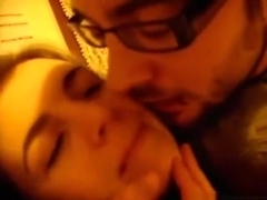 Cute brunette girl gives her nerdy bf a blowjob and gets missionary fucked
