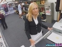 Blonde sexy MILF takes a facial in the storage room to a pawn shop