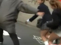 Group street sharking with two sexy schoolgirl being nicely intercepted
