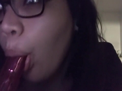 Cutie With Glasses Sucks Off Her Pink Toy (SOUND UP)