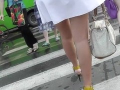 Golden-Haired wears white suit and belt upskirt