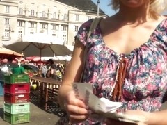 Blonde girlfriend Catherine lets me to taste her sweet pussy with a dick in public
