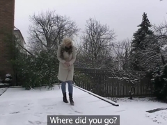 Girlfriends play in snow before warming up with hot sex
