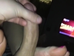 POV footjob with jerking off BIG cum on ass and pussy