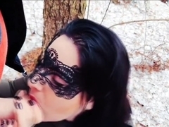 Blowjob in the forest! Cumshot in her mouth!