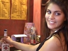 Small titted babe is having casual sex with an old man, in a local bar