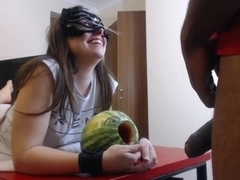 Blowjob and melon fucking. 1 guy 1 girl and a melon.