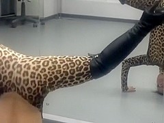 Girlfriend dressed in a leopard catsuit