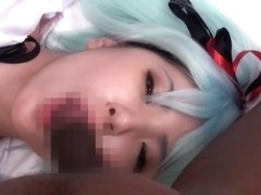 Asian Hottie In Blue Hair Wig Plays With A Dude