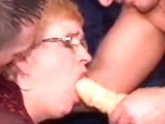 granny in a double penetration and facial on her glasses