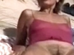 Mommy with Bushy Cookie Filmed Nude on the Public Beach