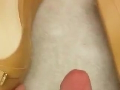 Cum on her shoes - tan peep toe wedges