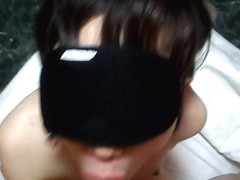 Blindfolded Asian babe got her little mouth full of cum
