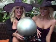 Two sexy witches Jana Cova and Molly Cavalli lick fresh pussies