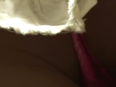 Pink, lacey panties in subway up skirt video with hot blonde