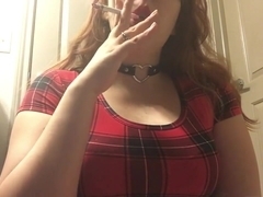 Sexy Redhead Goth Teen Smoking in Red Plaid Tight Dress and Leather Choker