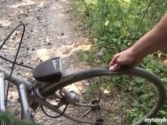 Busty biker chick Terry gets nailed in woods