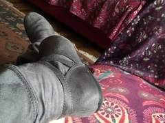 Sexy Shoeplay in Grey Calf High Flat Boots Shoe Boot Fetish Toe Tapping