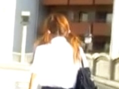 Brisk pig-tailed oriental schoolgirl makes loud sounds when she meets sharking lad