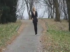 Blonde stripping and flashing her tits in public forest