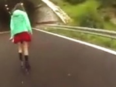 Rollerskater girl gives a public pov blowjob and swallows