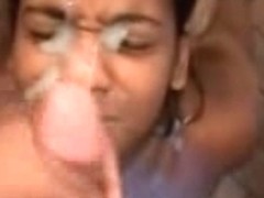 Sexy Ebony hottie gets her face covered with jizz